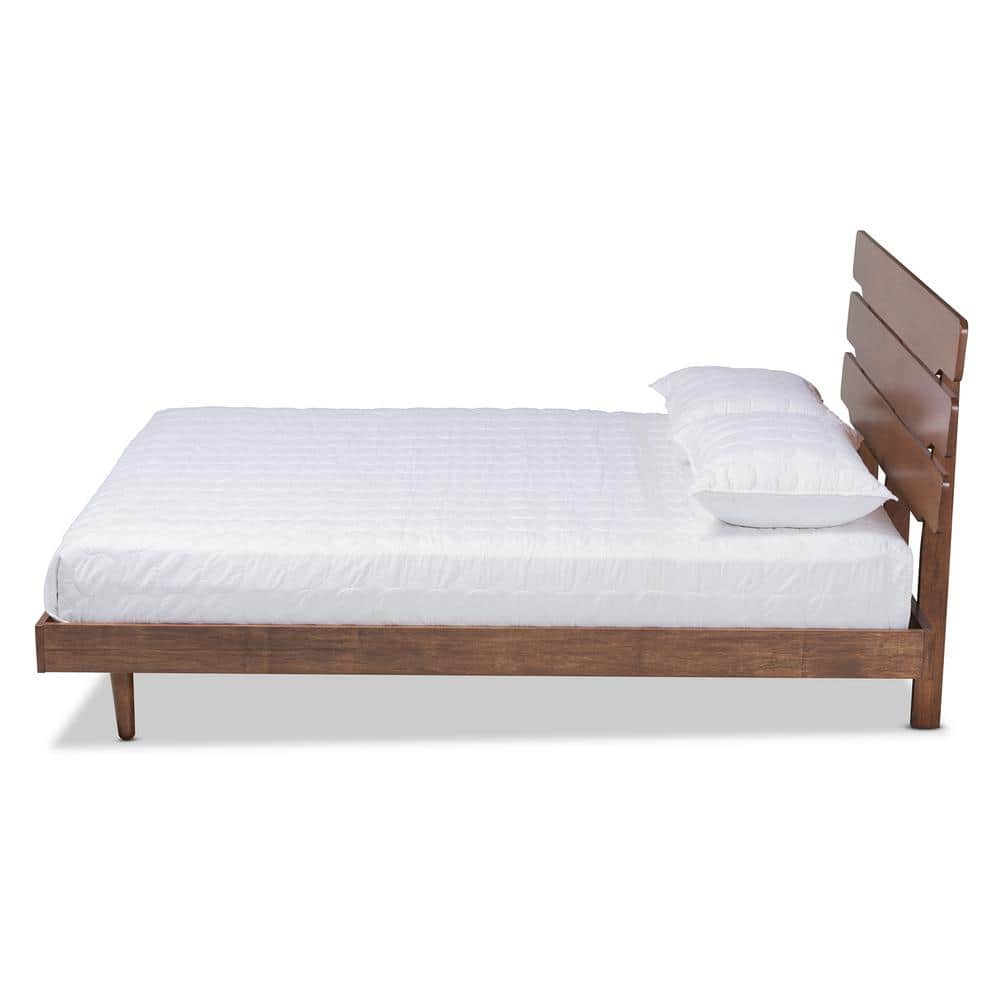 Queen Walnut Rubberwood Platform Bed with Slatted Headboard
