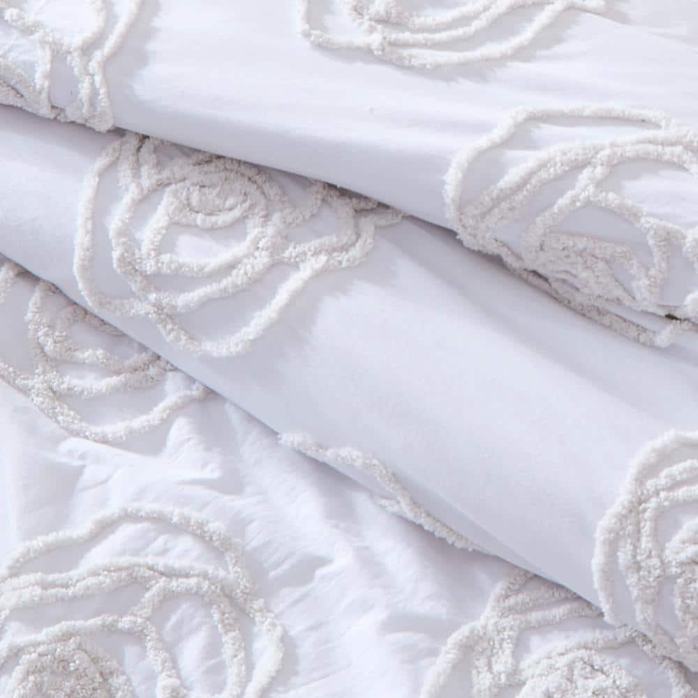 King White Cotton Duvet Cover Set with Textured Rose Accents