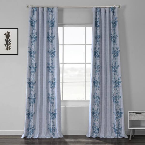 Exclusive Fabrics & Furnishings Copenhagen Blue Printed Linen Textured Blackout Curtain - 50 in. W x 108 in. L (1-Panel)