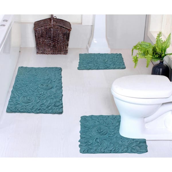 HOME WEAVERS INC Bell Flower Collection 100% Cotton Tufted Bath Rug, 3-Pcs Set with Contour, Blue