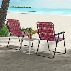 2 Pieces Metal Folding Beach Chair Camping Lawn Webbing Chair in Pink