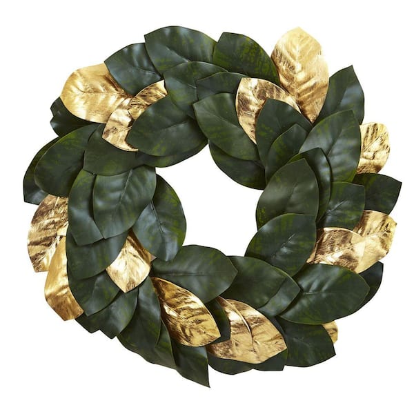 Nearly Natural 22in. Golden Leaf Magnolia Artificial Wreath