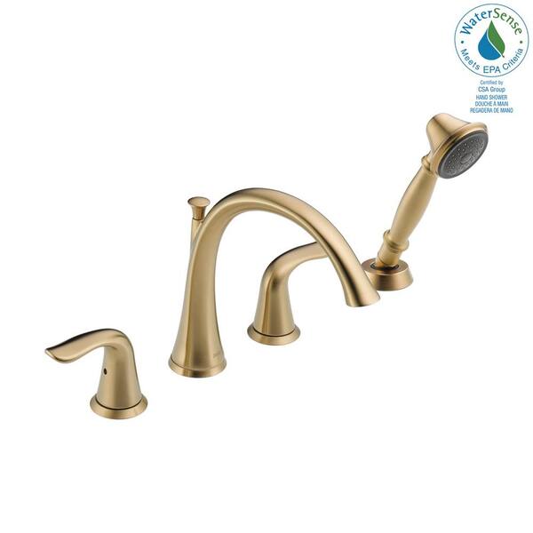 Delta Lahara Gold 2-Handle Deck-Mount Roman Tub Faucet with Hand