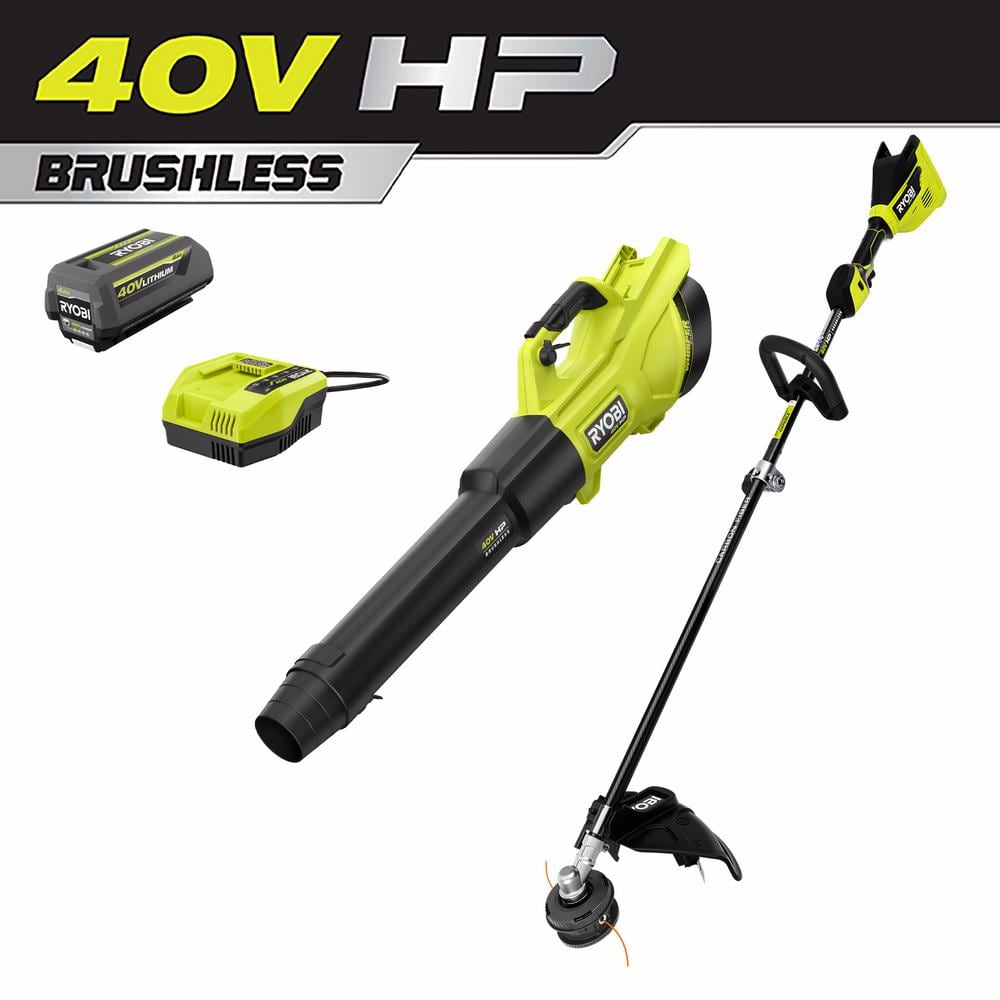 RYOBI 40V HP Brushless 600 CFM 155 MPH Cordless Leaf Blower and Carbon  Fiber String Trimmer with 4.0 Ah Battery and Charger RY40960 The Home  Depot