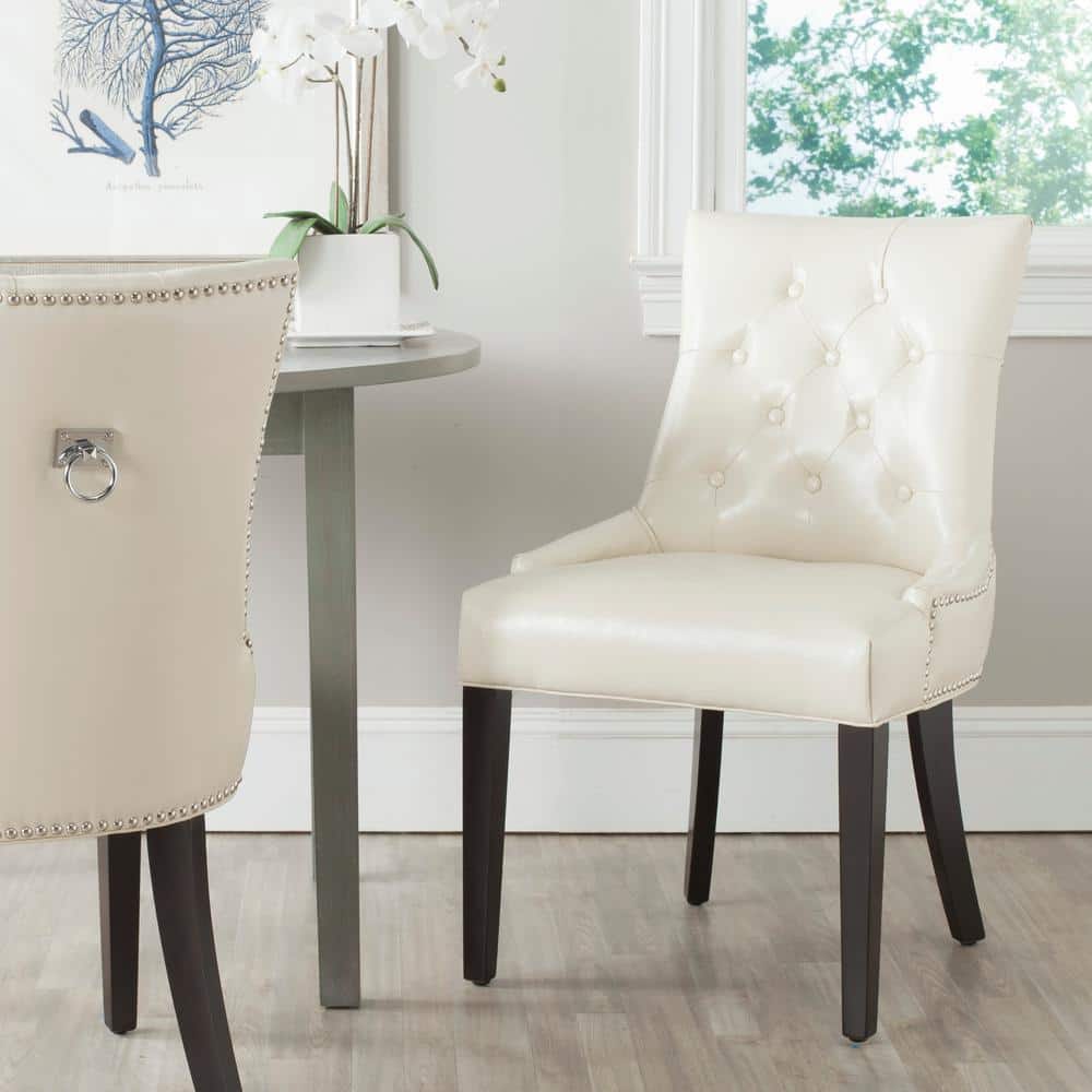 Flat Cream Leather Parsons Dining Chairs with Wood Legs, Set of 2