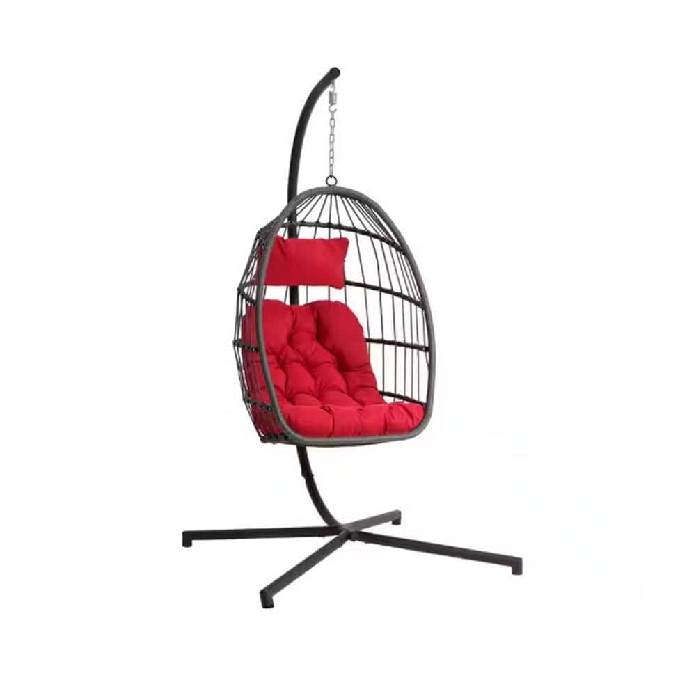 Sudzendf Dark Gray Wicker Patio Swing Outdoor Swing Egg Chair Lounge Chair with Red Cushion