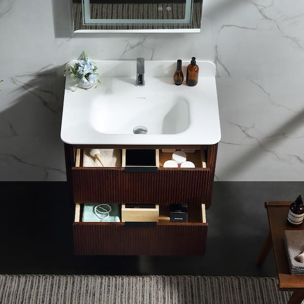 Wenlorin 30 in. Single Sink Floating Walnut Bath Vanity with White Acrylic Top Pre-Assembled