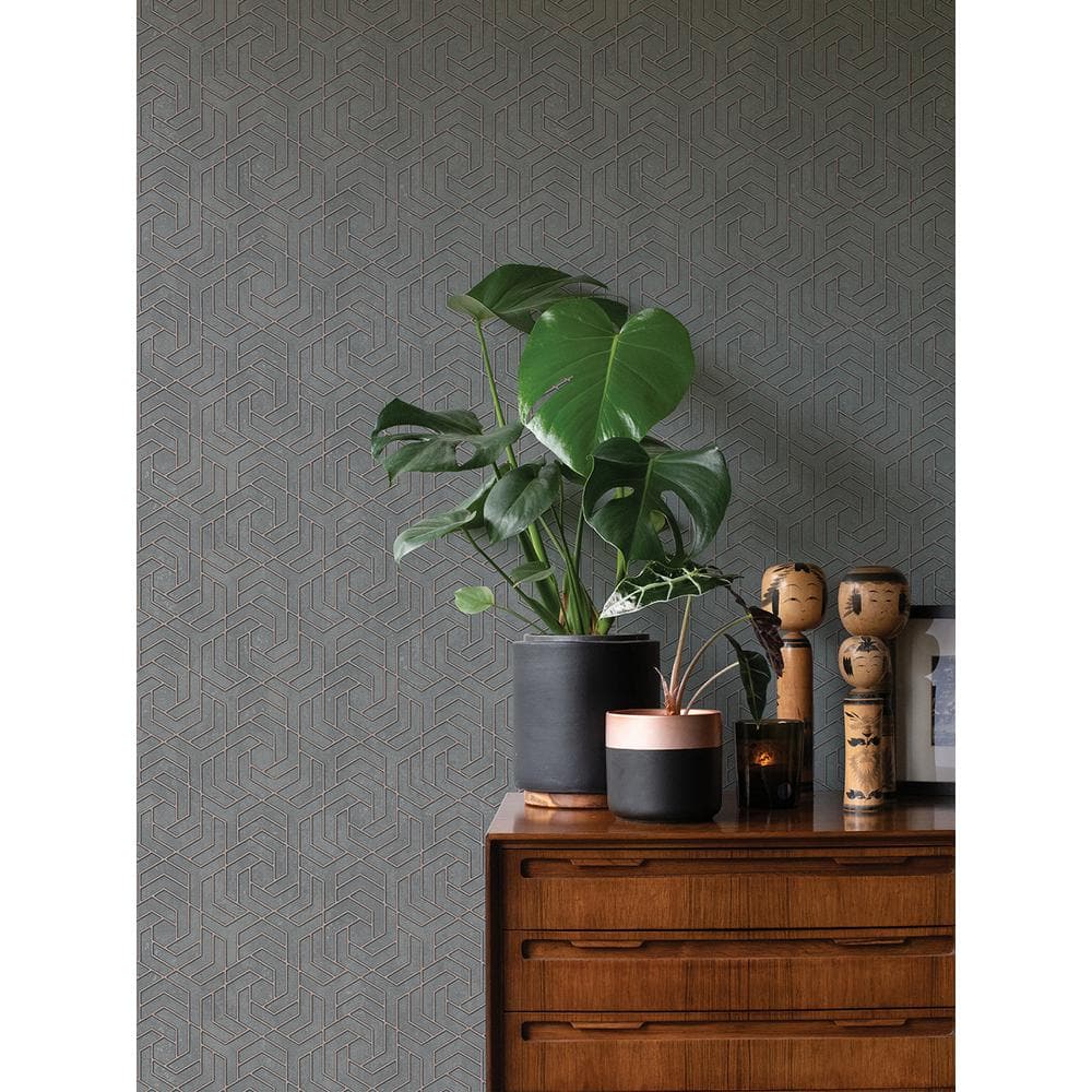 Tama Charcoal Geometric Vinyl Wallpaper with Rose Gold Accents