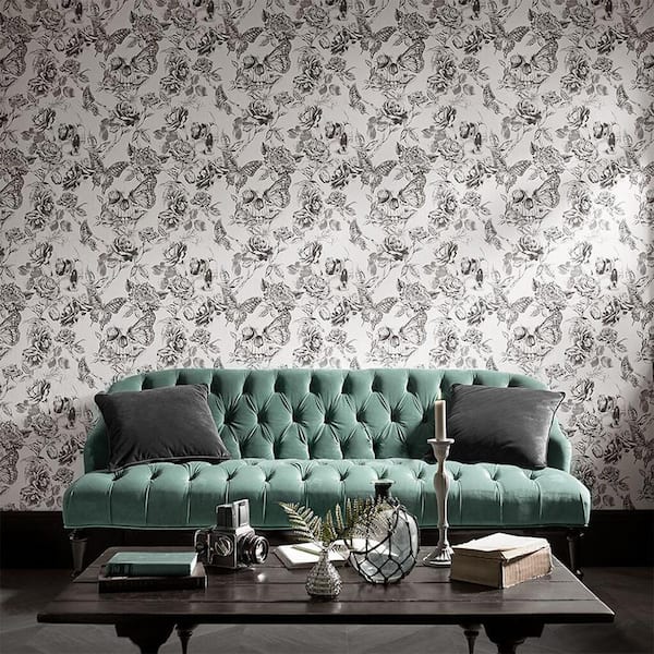 Skull Roses Black and White Floral Animals Paste the Wall Wallpaper
