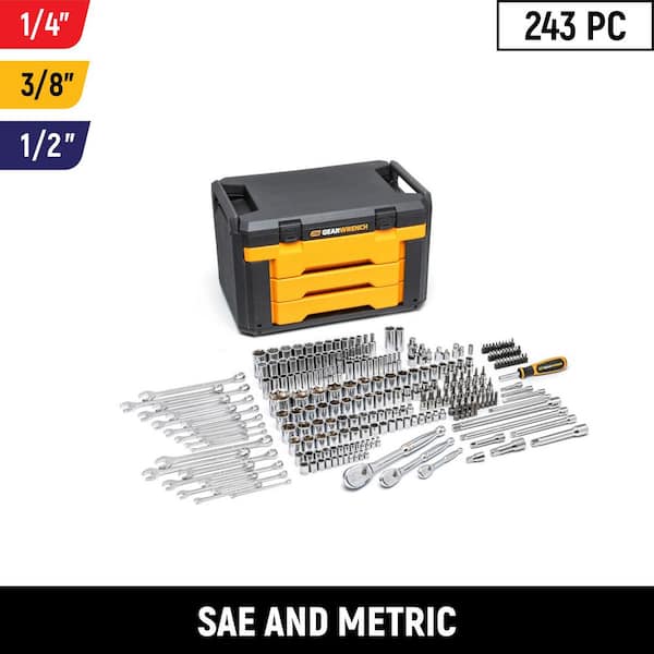 1/4 in., 3/8 in. and 1/2 in. Drive 6-Point SAE/Metric Mechanics Tool Set in 3-Drawer Storage Box (243-Piece)