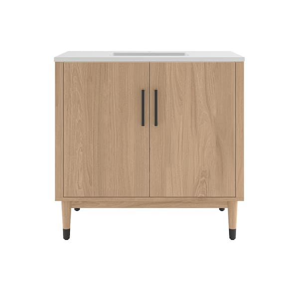 Fresca Sawyer 36 in. Single Sink Freestanding Sunburst Oak Bath Vanity with White Quartz Top