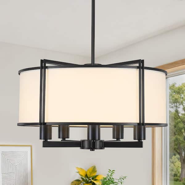 5-Light Black Modern Farmhouse Metal Fabric Drum Chandelier