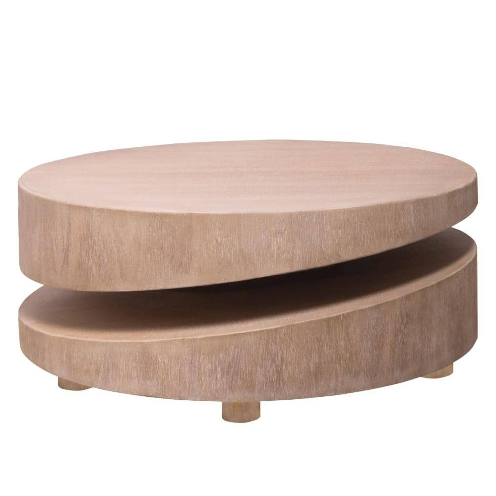31.3 in. Natural Finish Round Engineered Wood Coffee Table with Modern Two-Tier Silhouette