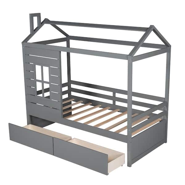 Z-joyee Wood Gray Twin Size House Bed with 2-Drawers