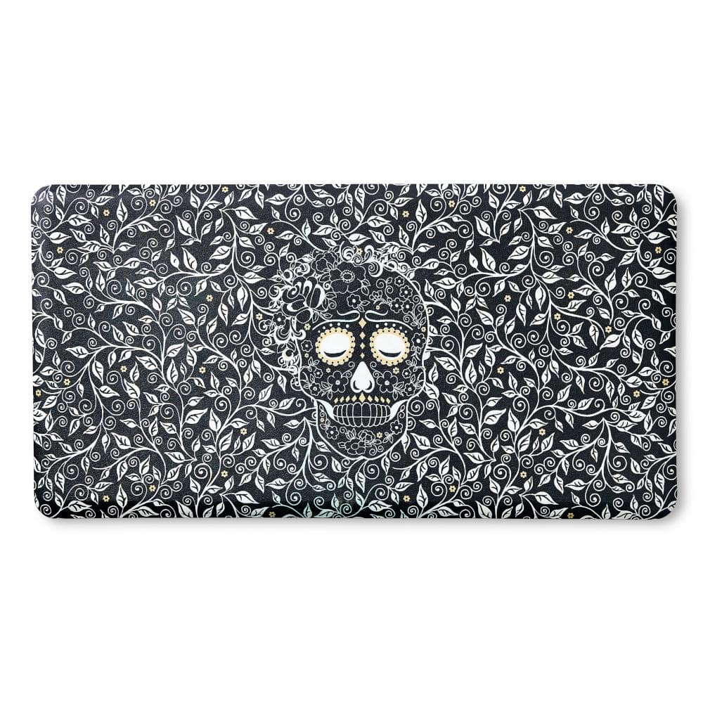 20 in. x 39 in. Black and White Skull & Vine Floral Sugar Skull Anti Fatigu
