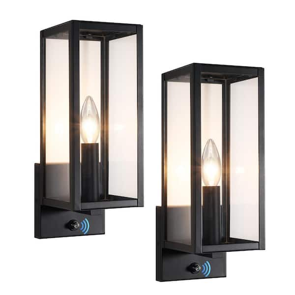 pasentel 13 in. Black Outdoor Dusk to Dawn Hardwired Glass Wall Lantern ...