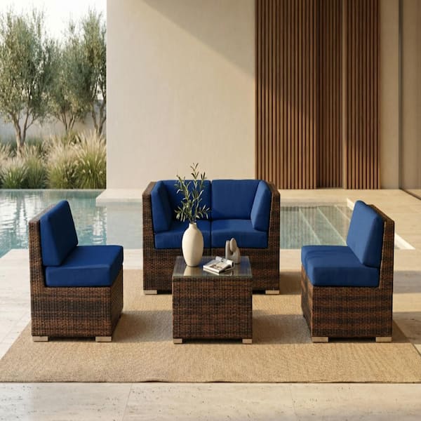 Ohana Mixed Brown 5-Piece Wicker Patio Seating Set with Sunbrella Pacific Blue Cushions
