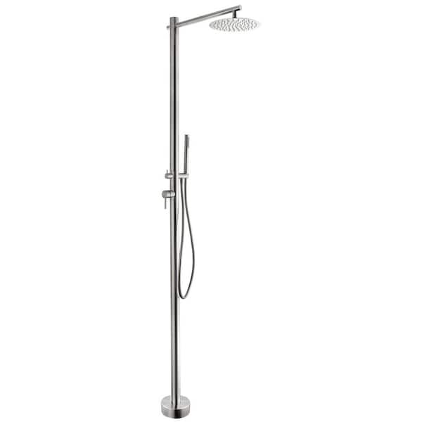 Outdoor Exposed Shower Faucet Dual Handle Freestanding Tub Faucet Floor Mounting with Hand Shower in Brushed Nickel