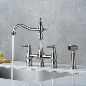 4 Hole Double Handle Bridge Kitchen Faucet with Side Sprayer Deck Mount in Brushed Nickel