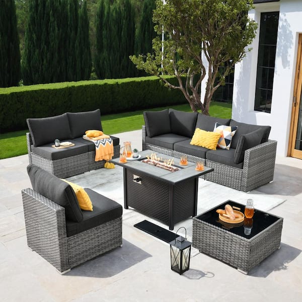 Gemini 8-Piece Wicker Patio Rectangular Fire Pit Set with Black Cushions