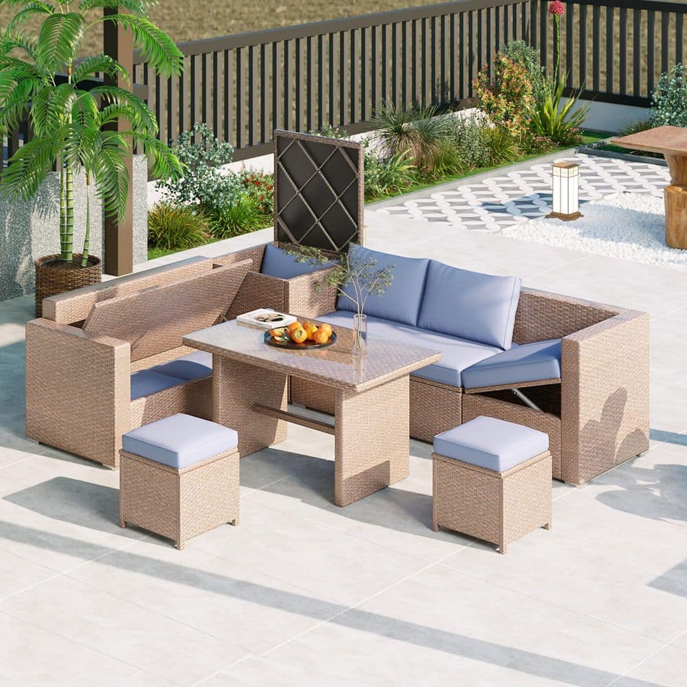 Natural 6-Piece Wicker All Weather Outdoor Sectional, Patio Dining Set with