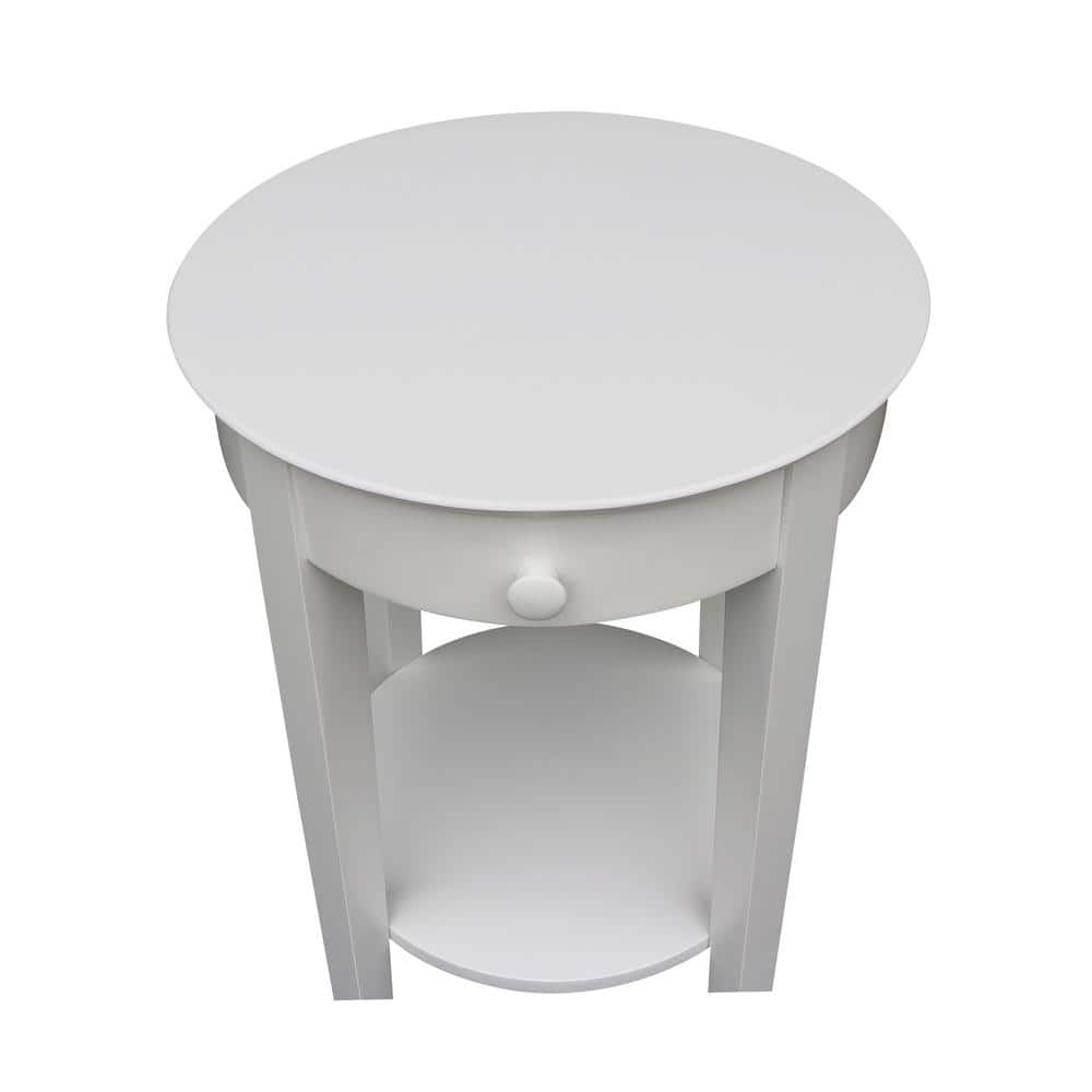 Elegant Round White Parawood Accent Table with Drawer and Shelf