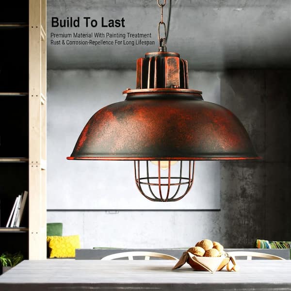 OUKANING 1-Light Rust Retro Farmhouse Industrial Cage Pendant
