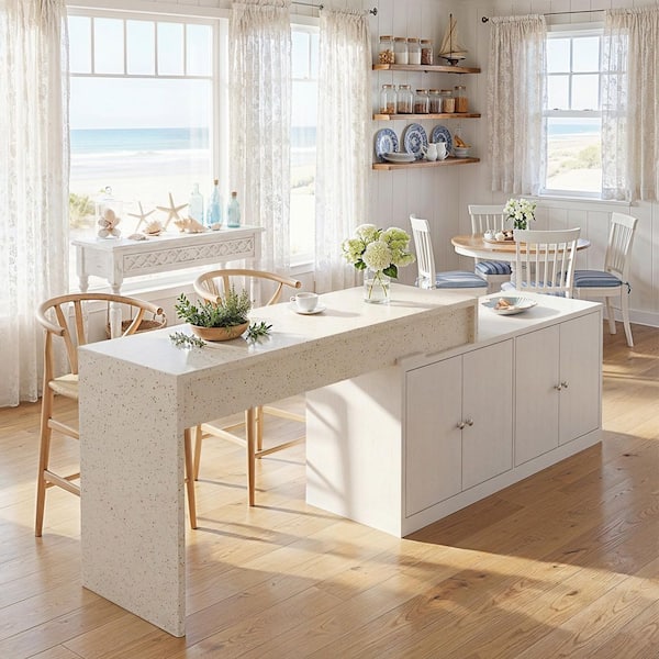 Homsee White Terrazzo-Look Wood Top 112.6 in. Kitchen Island with