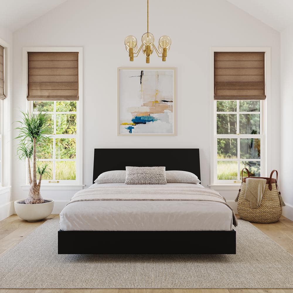 Serenity Queen Size Floating Black Wood Platform Bed with Storage