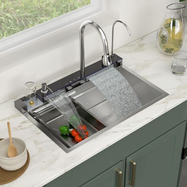 30 in. Drop-in Workstation Sink Single Bowl 16-Gauge Stainless Steel Waterfall Kitchen Sink with Pull-Down Faucet