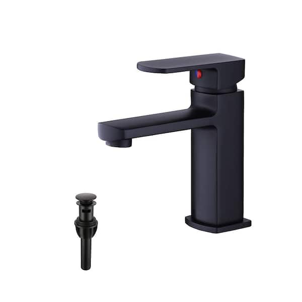 UPIKER Modern Single Handle Single Hole Brass Bathroom Faucet with Push-Up Pop-Up Drain in Matte Black
