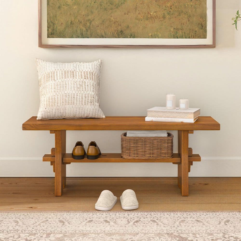 Dorian 47 in. W Dark Wood Solid Elm Wood Dining Bench with Storage Shelf for Entryway Set of 1