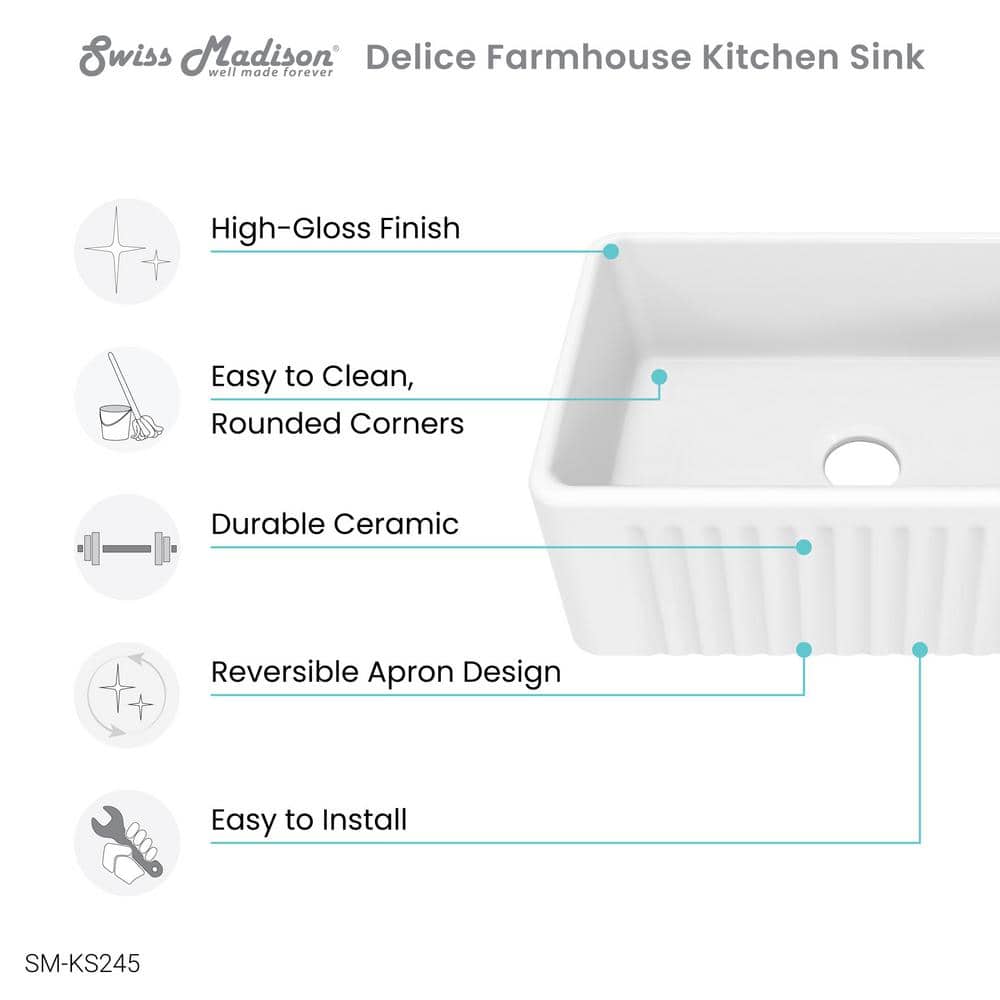 Delice 24 x 18 White Ceramic Farmhouse Kitchen Sink with Apron