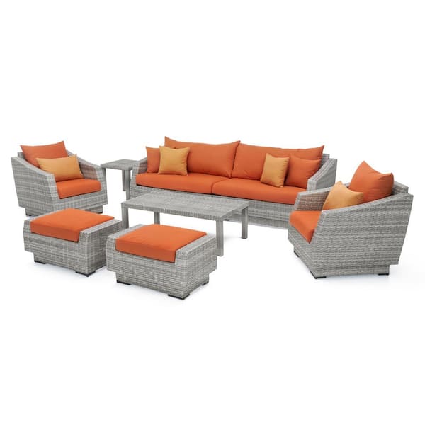 RST Brands Cannes 8-Piece All-Weather Wicker Patio Sofa and Club Chair Seating Group with Sunbrella Tikka Orange Cushions