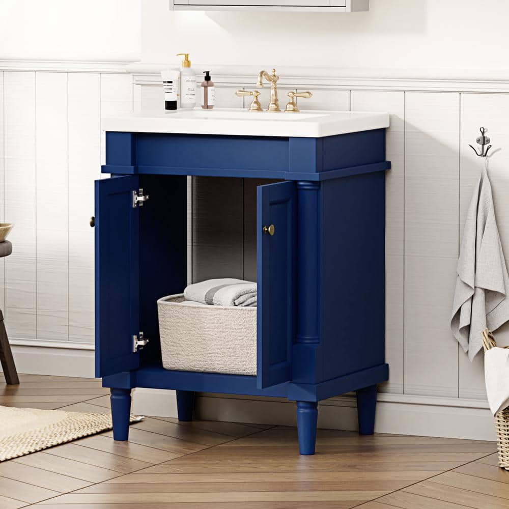 24" Navy Composite Freestanding Vanity with White Ceramic Top