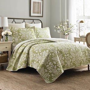 Laura Ashley Rowland 3-Piece Dove Gray Floral Cotton Full/Queen Quilt ...