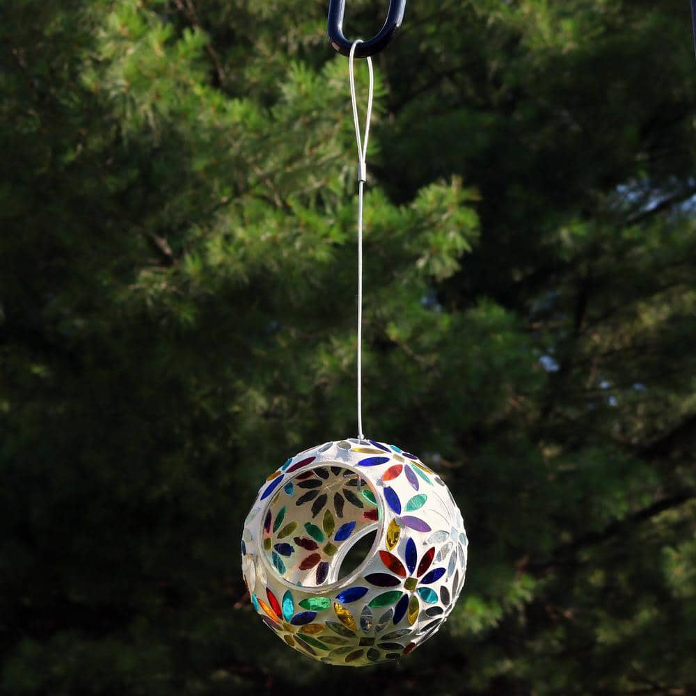 6-Inch Round Glass Mosaic Hanging Bird Feeder with Rainbow Daisies