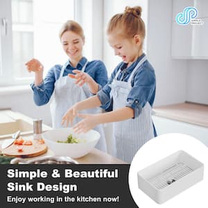 30in Undermount Single Bowl Sink White Fireclay Kitchen Sink included Bottom Grid and Basket Strainer