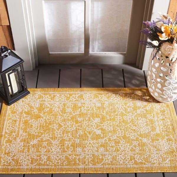 Courtyard Gold/Ivory 2 ft. x 4 ft. Border Floral Scroll Indoor/Outdoor Area Rug