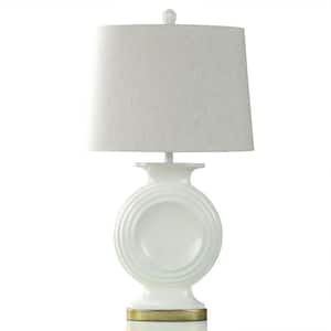 34 in. White and Gold, Rippled Table Lamp with Oatmeal Linen Shade