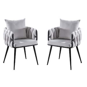 Ivory Velvet Accent Arm Chair Set of 2 Hand Weaving Dining Chairs Modern Upholstered Side Chair with Metal Legs & Pillow