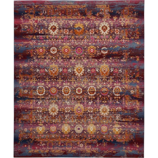 8 ft. x 10 ft. Blue Yellow And Red Floral Distressed Non Skid Area Rug