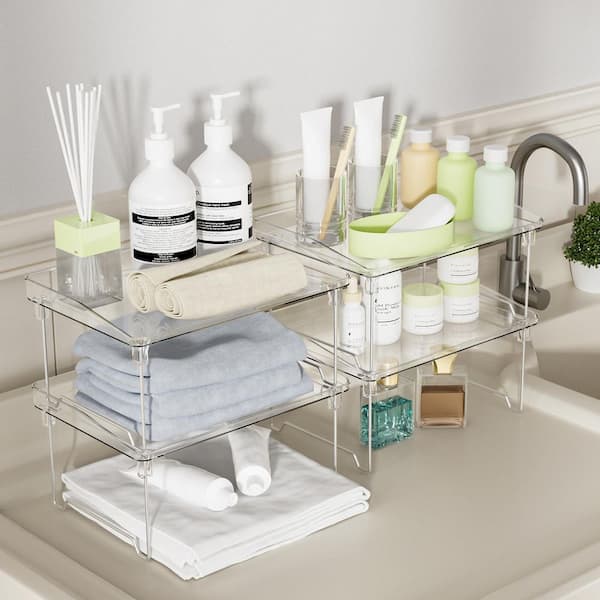 4-Piece Clear Plastic Stackable Counter Shelves for Makeup, Kitchen, Bathroom, Cupboard, Desk
