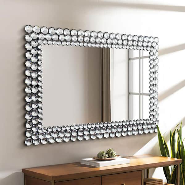 Crystal Rhinestone Diamond Hanging Wall Mirro Arch Silver Wall Mirror with  Iron Chain for Wall Decoration Large 18 x26 inch Wall Hang Frameless Mirror