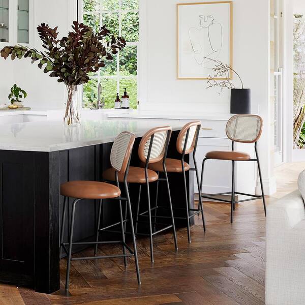 Flouki Set Of 2 Rattan Counter Height Stools - 24 Inch Boho Barstools With Wood Back & Chrome Legs, For Kitchen Island, Mid-Century Design
