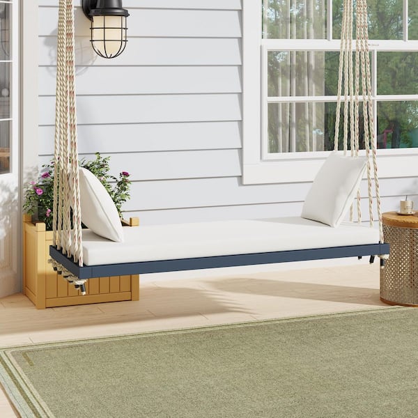 2-Person Gray Wood Porch Swing Bench with Beige Cushion and 10.8 Ft Hemp Ropes for Garden