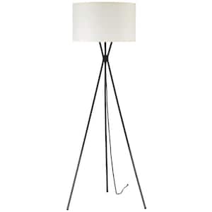 64 in. Matte Black Indoor Tripod Floor Lamp with White Fabric Shade