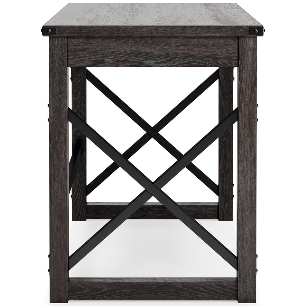 Dark Gray Rustic Wood Office Desk with Drawer and Iron X-Base