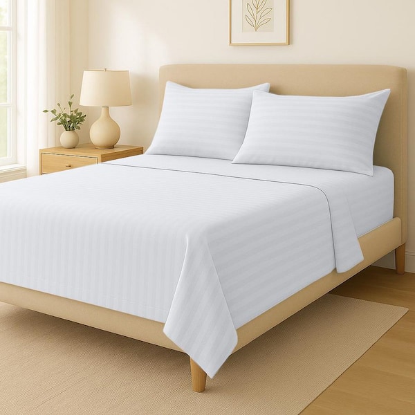 800 Thread Count 4 Piece White Striped 100% Cotton Queen Deep Pocket Sheet Set