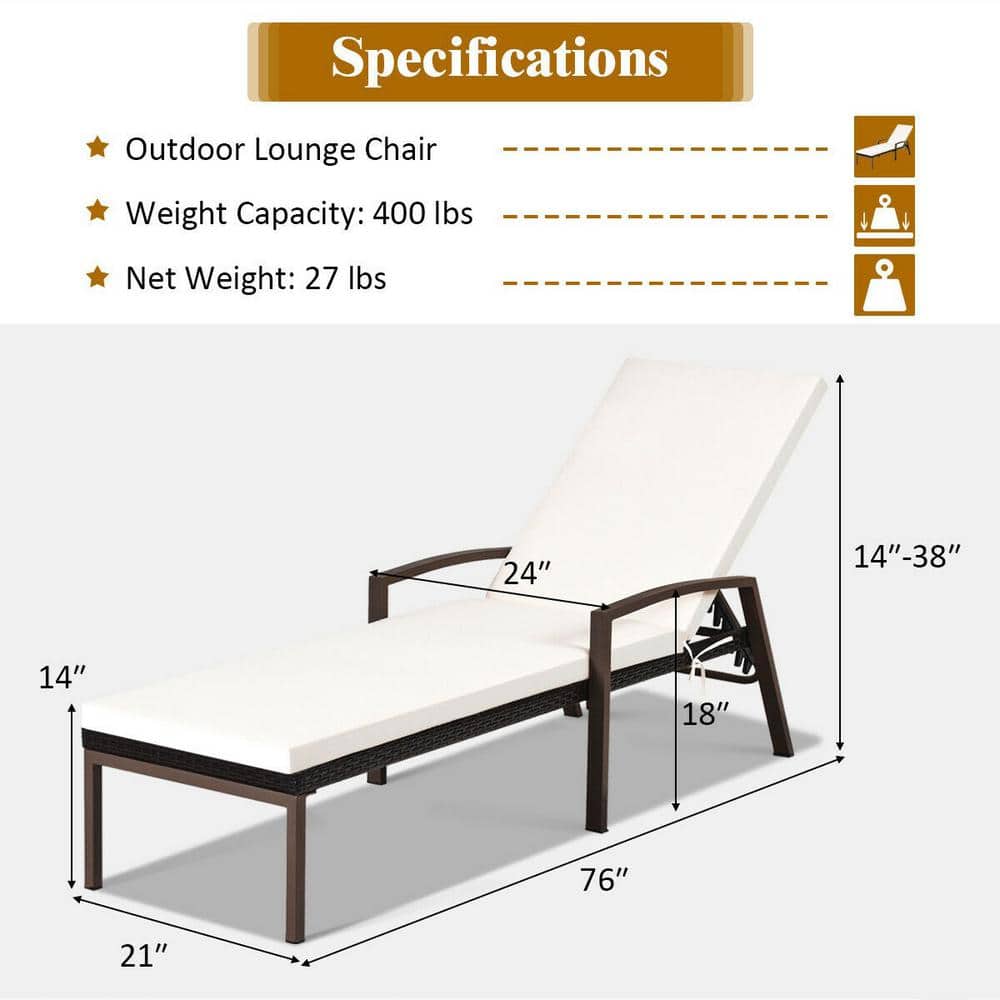 Beige Steel and Rattan Outdoor Chaise Lounge with Cushions